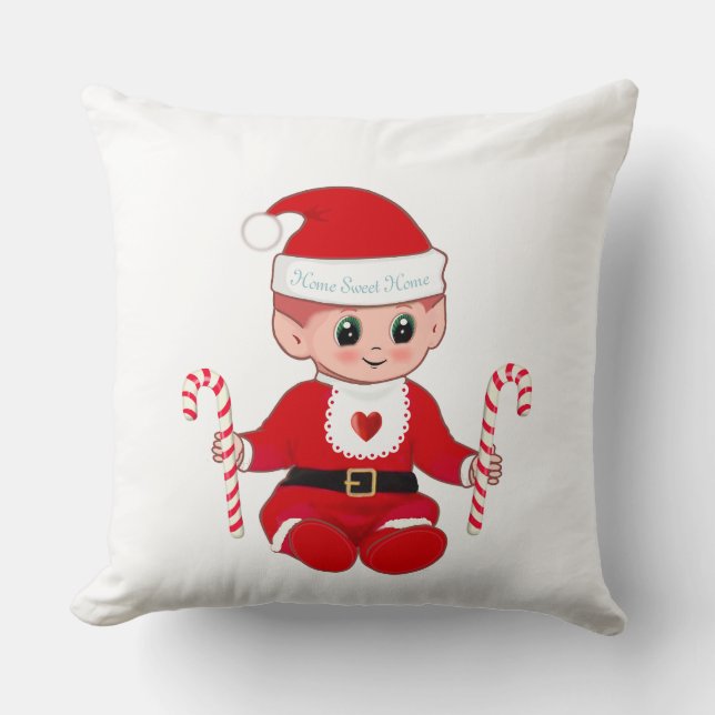 Cute Christmas Santa Baby Elf  & Candy Canes Cushion (Front)