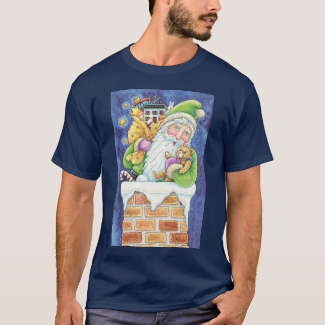 Cute Christmas, Santa Claus in Chimney with Toys T-Shirt (Front)