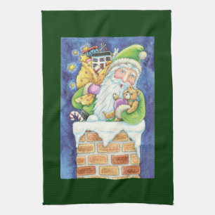 Cute Christmas, Santa Claus in Chimney with Toys Tea Towel
