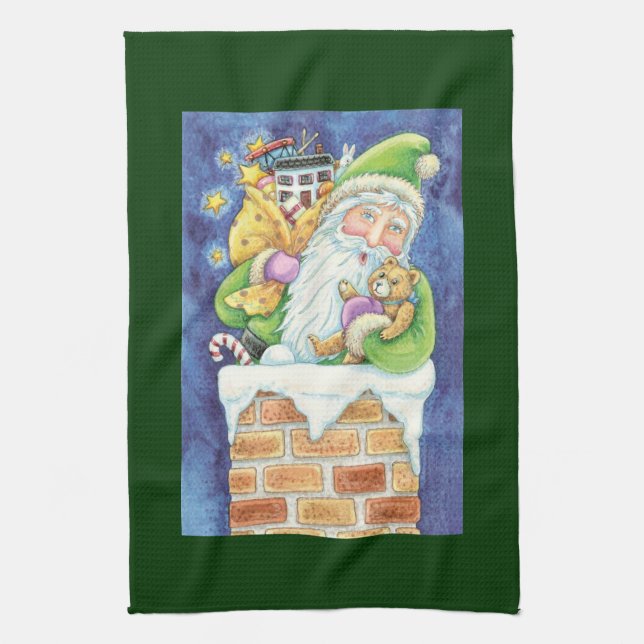 Cute Christmas, Santa Claus in Chimney with Toys Tea Towel (Vertical)