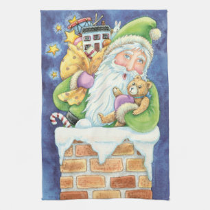 Cute Christmas, Santa Claus in Chimney with Toys Tea Towel