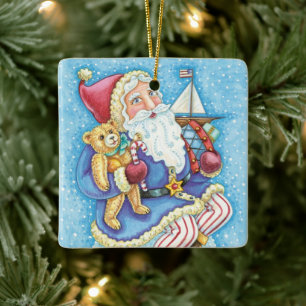Cute Christmas, Santa Claus on Snowball with Toys Ceramic Ornament
