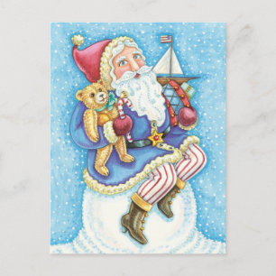 Cute Christmas, Santa Claus on Snowball with Toys Holiday Postcard