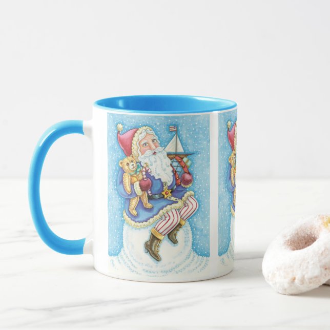 Cute Christmas, Santa Claus on Snowball with Toys Mug (With Donut)