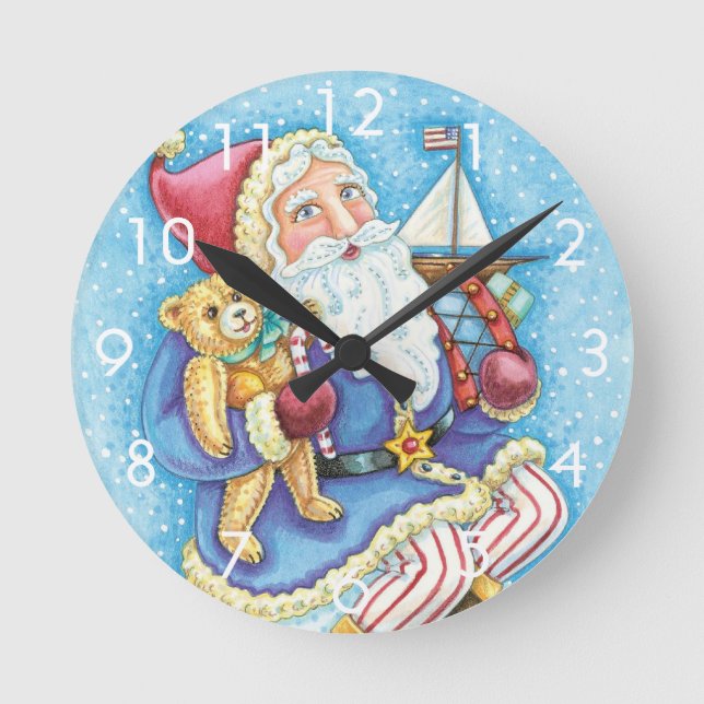 Cute Christmas, Santa Claus on Snowball with Toys Round Clock (Front)