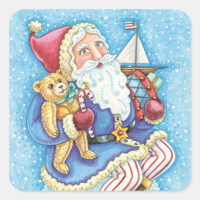 Cute Christmas, Santa Claus on Snowball with Toys Square Sticker (Front)
