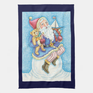 Cute Christmas, Santa Claus on Snowball with Toys Tea Towel