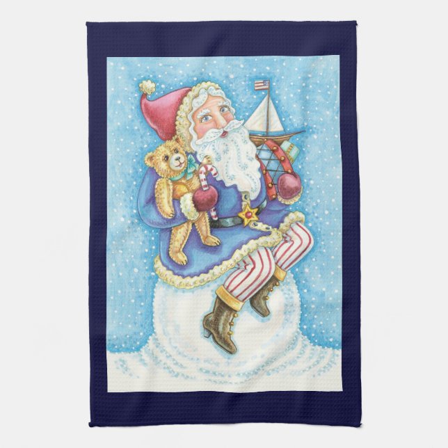 Cute Christmas, Santa Claus on Snowball with Toys Tea Towel (Vertical)