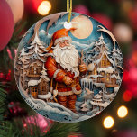 Cute Christmas Santa Claus Personalised  Ceramic Ornament<br><div class="desc">Introducing our charming and whimsical Santa Claus ornament! Perfect for celebrating the holidays, this cute ornament depicts a Santa by a cottage in a winter wonderland pine forest. The exquisite attention to detail and vibrant colours make this ornament a true standout on any tree. You can personalise it with your...</div>