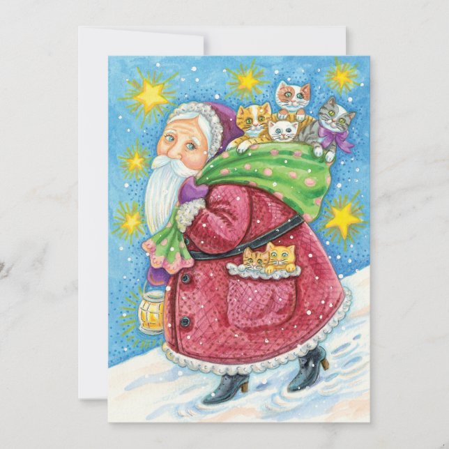 Cute Christmas, Santa Claus with Kittens and Cats! Holiday Card (Front)