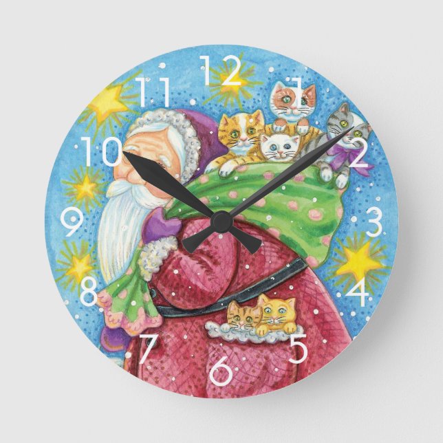 Cute Christmas, Santa Claus with Kittens and Cats! Round Clock (Front)