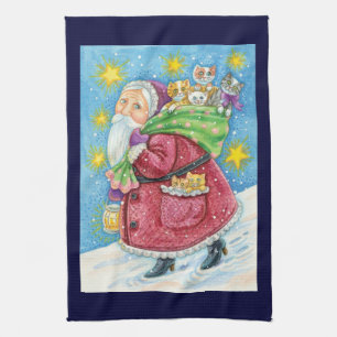 Cute Christmas, Santa Claus with Kittens and Cats! Tea Towel