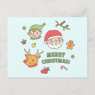 Cute Christmas Santa, Elf, Reindeer, Gingerbread Holiday Postcard