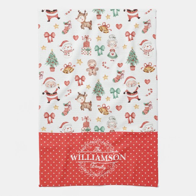 Cute Christmas Santa Gingerbread Man Monogram Tea Towel (Vertical)