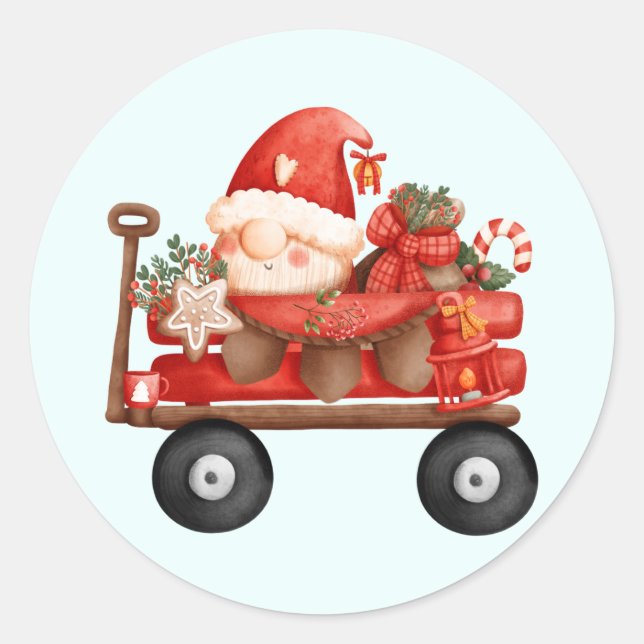 Cute Christmas Santa Gnome on a Country Wagon  Classic Round Sticker (Front)