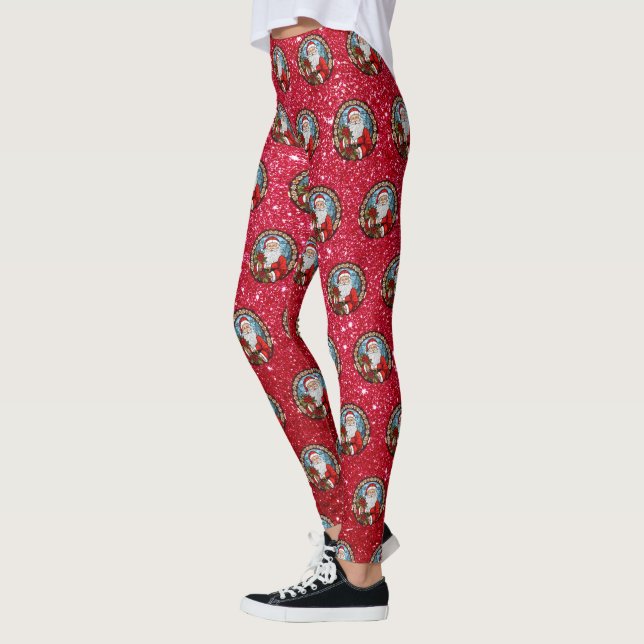 Cute Christmas Santa Graphic Red Leggings (Left)