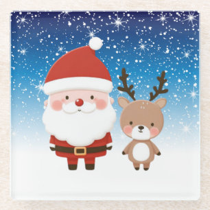 Cute Christmas Santa & Reindeer Glass Coaster