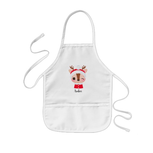 Cute Christmas Santa Reindeer Head Kids Apron (Front)