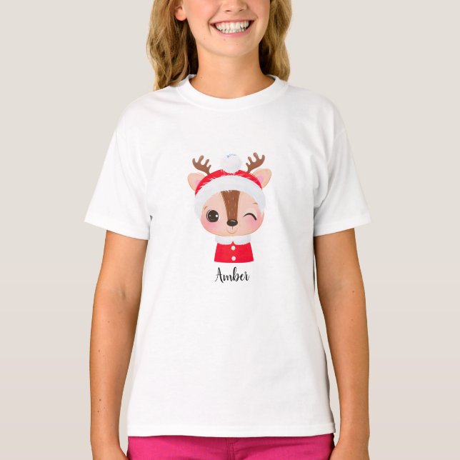 Cute Christmas Santa Reindeer Head T-Shirt (Front)