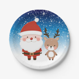 Cute Christmas Santa & Reindeer Paper Plate