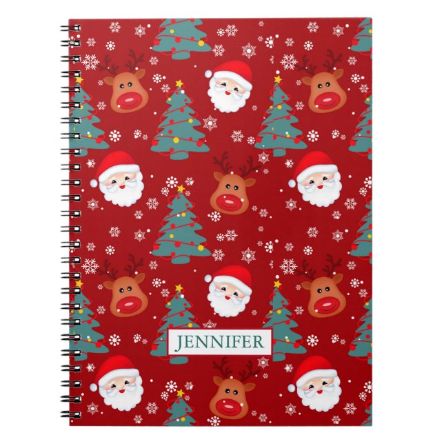 Cute Christmas Santa Reindeer Personalised Name Notebook (Front)
