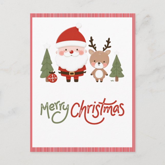 Cute Christmas Santa & Reindeer  Postcard (Front)