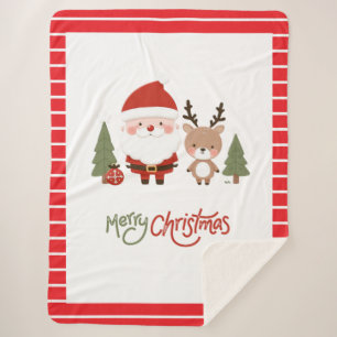 Cute Christmas Santa & Reindeer Sherpa Blanket