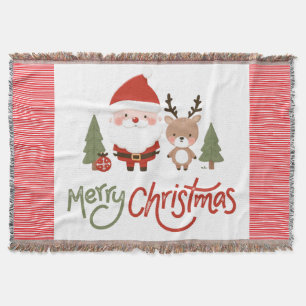 Cute Christmas Santa & Reindeer Throw Blanket