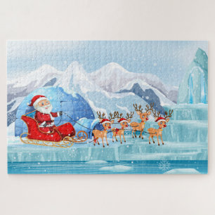 Cute Christmas Santa, Sleigh and Reindeer Jigsaw Puzzle