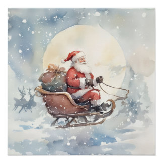 Cute Christmas santa sleigh cozy Holiday Wall Art