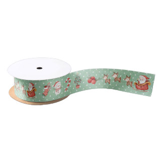 Cute Christmas Santa Snowman Reindeer Mint Polka Satin Ribbon