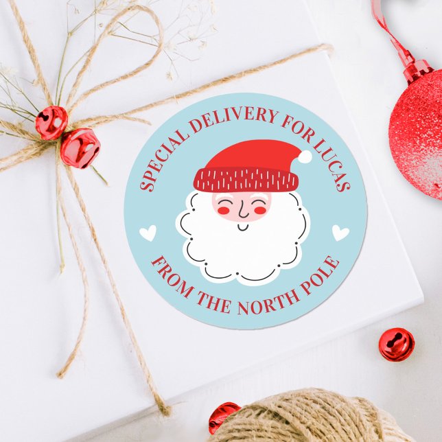 Cute Christmas Santa Special Delivery North Pole Classic Round Sticker (A cute Santa claus special delivery sticker for decorating your Christmas gifts.)