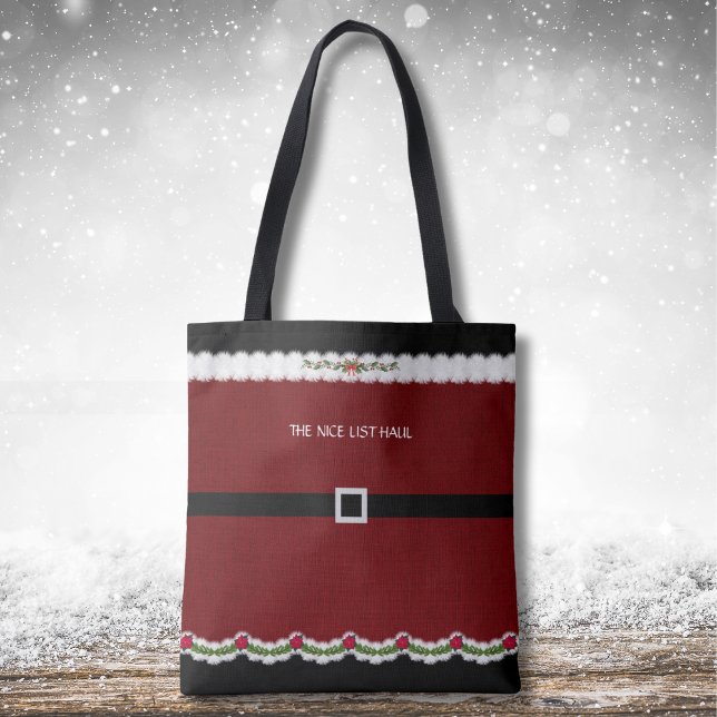 Cute Christmas Santa Suit Nice List Haul Tote Bag (Hit the stores this season with a cute and unique Christmas shopping bag)