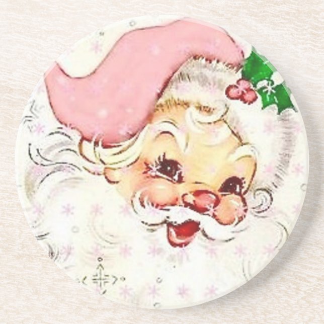 Cute Christmas Santa With Pink Hat Coaster (Front)