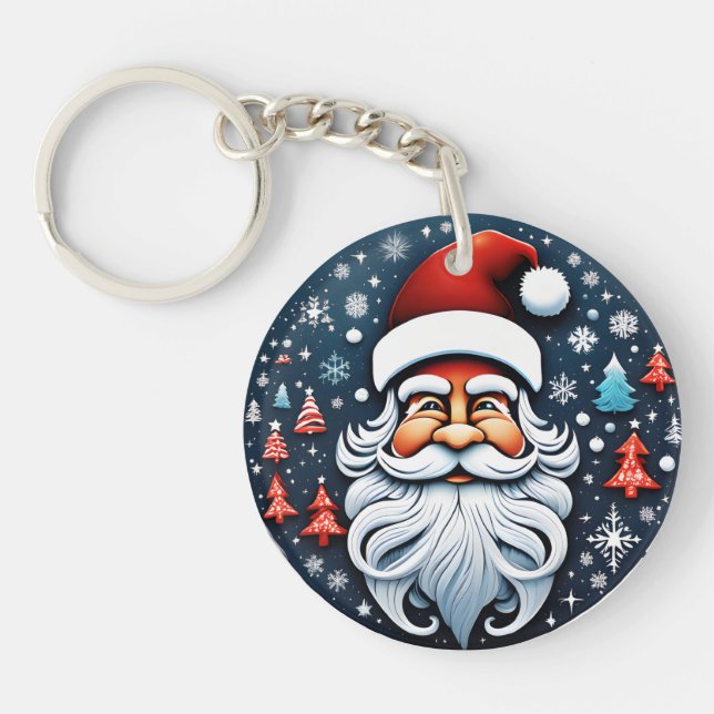 Cute Christmas Santa with Trees Festive  Key Ring (Front)