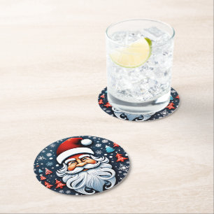 Cute Christmas Santa with Trees Festive Round Paper Coaster