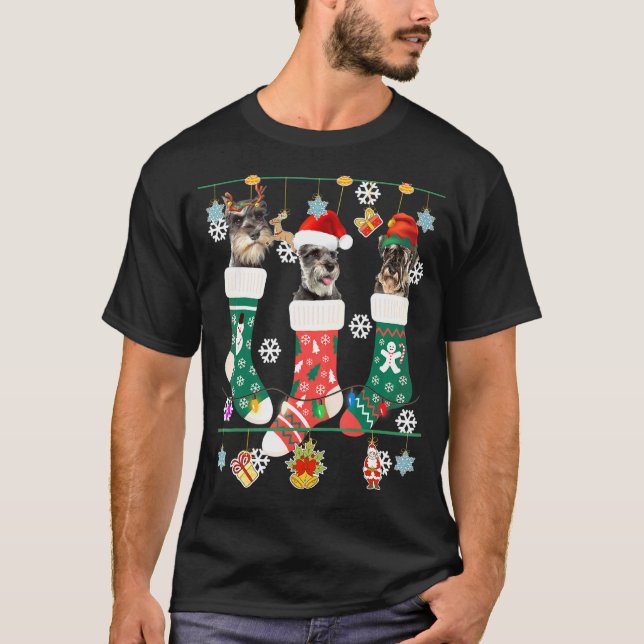 Cute Christmas Schnauzer In Sock Xmas Reindeer San T-Shirt (Front)