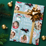 Cute Christmas Scottie Dog Blue Editable Photo Wrapping Paper<br><div class="desc">Add a little whimsical charm to the holiday season with this cute Christmas gift wrap! An editable template, personalised with a name and four photos of your family, friends or pets. This seamless pattern features original artwork of a Scottie dog wearing a red bow, as he dashes along in the...</div>