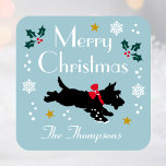 Cute Christmas Scottie Dog Editable Blue Square Sticker<br><div class="desc">Add a little whimsical charm to the holiday season with these cute stickers. This festive design features a Scottie dog wearing a red bow, surrounded by snowflakes, holly and stars. An editable template, personalised with your name, perfect for Christmas gift wrap, envelope seals, party favours and more. Colours: blue, black,...</div>