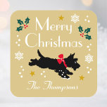 Cute Christmas Scottie Dog Editable Gold Square Sticker<br><div class="desc">Add a little whimsical charm to the holiday season with these cute stickers. This festive design features a Scottie dog wearing a red bow, surrounded by snowflakes, holly and stars. An editable template, personalised with your name, perfect for Christmas gift wrap, envelope seals, party favours and more. Colours: yellow-gold, black,...</div>