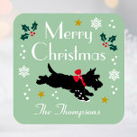 Cute Christmas Scottie Dog Editable Green Square Sticker<br><div class="desc">Add a little whimsical charm to the holiday season with these cute stickers. This festive design features a Scottie dog wearing a red bow, surrounded by snowflakes, holly and stars. An editable template, personalised with your name, perfect for Christmas gift wrap, envelope seals, party favours and more. Colours: green, black,...</div>