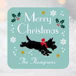 Cute Christmas Scottie Dog Editable Teal Square Sticker<br><div class="desc">Add a little whimsical charm to the holiday season with these cute stickers. This festive design features a Scottie dog wearing a red bow, surrounded by snowflakes, holly and stars. An editable template, personalised with your name, perfect for Christmas gift wrap, envelope seals, party favours and more. Colours: blue-green, teal,...</div>