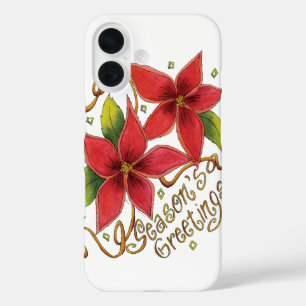 Cute Christmas Season's Greetings with Poinsettias iPhone 16 Case