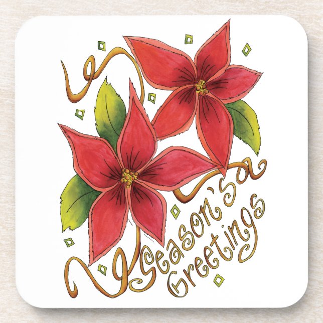 Cute Christmas Season's Greetings with Poinsettias Coaster (Front)