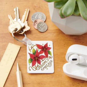 Cute Christmas Season's Greetings with Poinsettias Key Ring