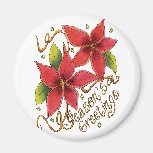 Cute Christmas Season's Greetings with Poinsettias Magnet (Front)
