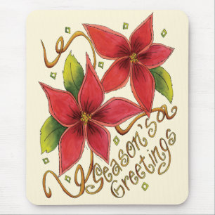 Cute Christmas Season's Greetings with Poinsettias Mouse Pad