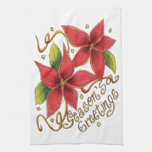 Cute Christmas Season's Greetings with Poinsettias Tea Towel