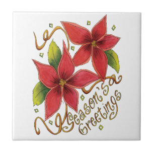 Cute Christmas Season's Greetings with Poinsettias Tile
