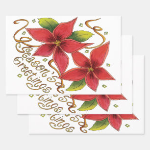 Cute Christmas Season's Greetings with Poinsettias Wrapping Paper Sheet